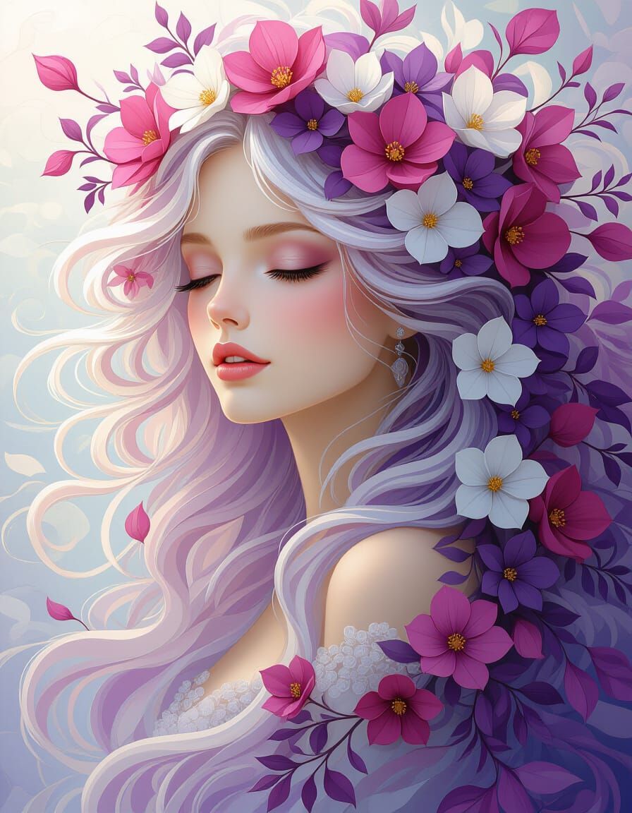 Floral Fantasy Woman with Cascading Petal Hair