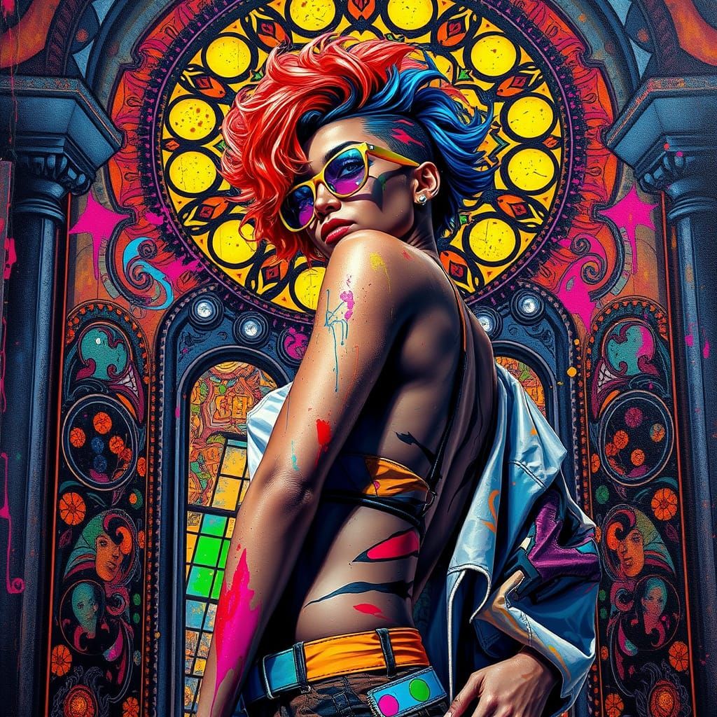 Fashion Model in Vibrant Stained Glass World