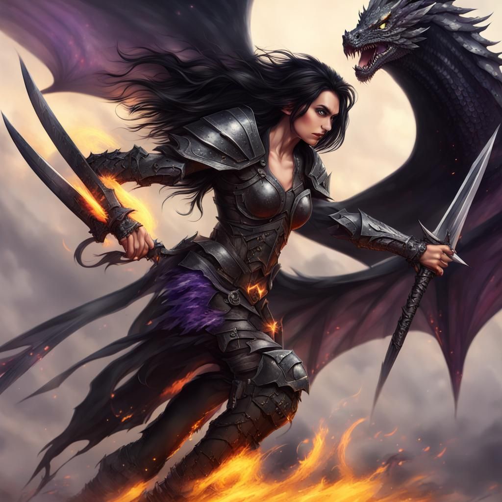 Muscular Woman with Dragon Wings and Flaming Sword