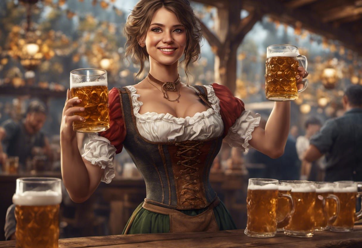 Oktoberfest Barmaid Serving Beer Steins
