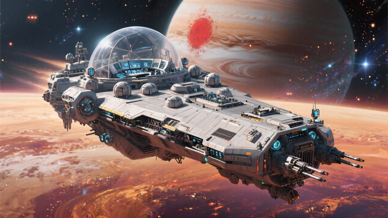 Colossal Spaceship Cruises Through Vibrant Solar System