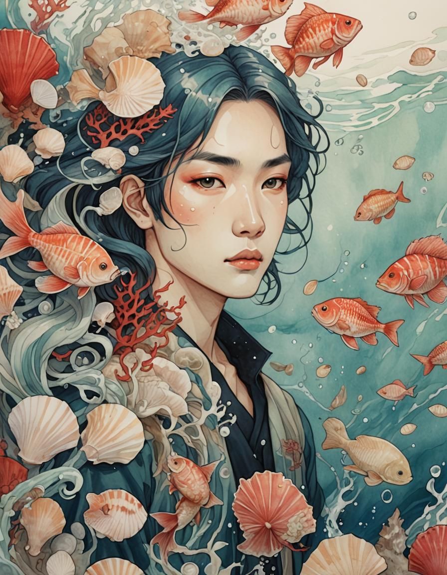 Sea Witch with Seashells in Watercolor Style