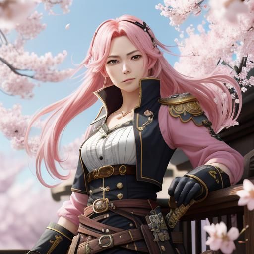 Anime Pirate Captain Amid Cherry Blossoms