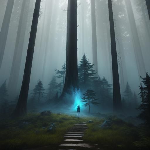 Luminous Figure in Misty Forest: Fantasy Concept Art
