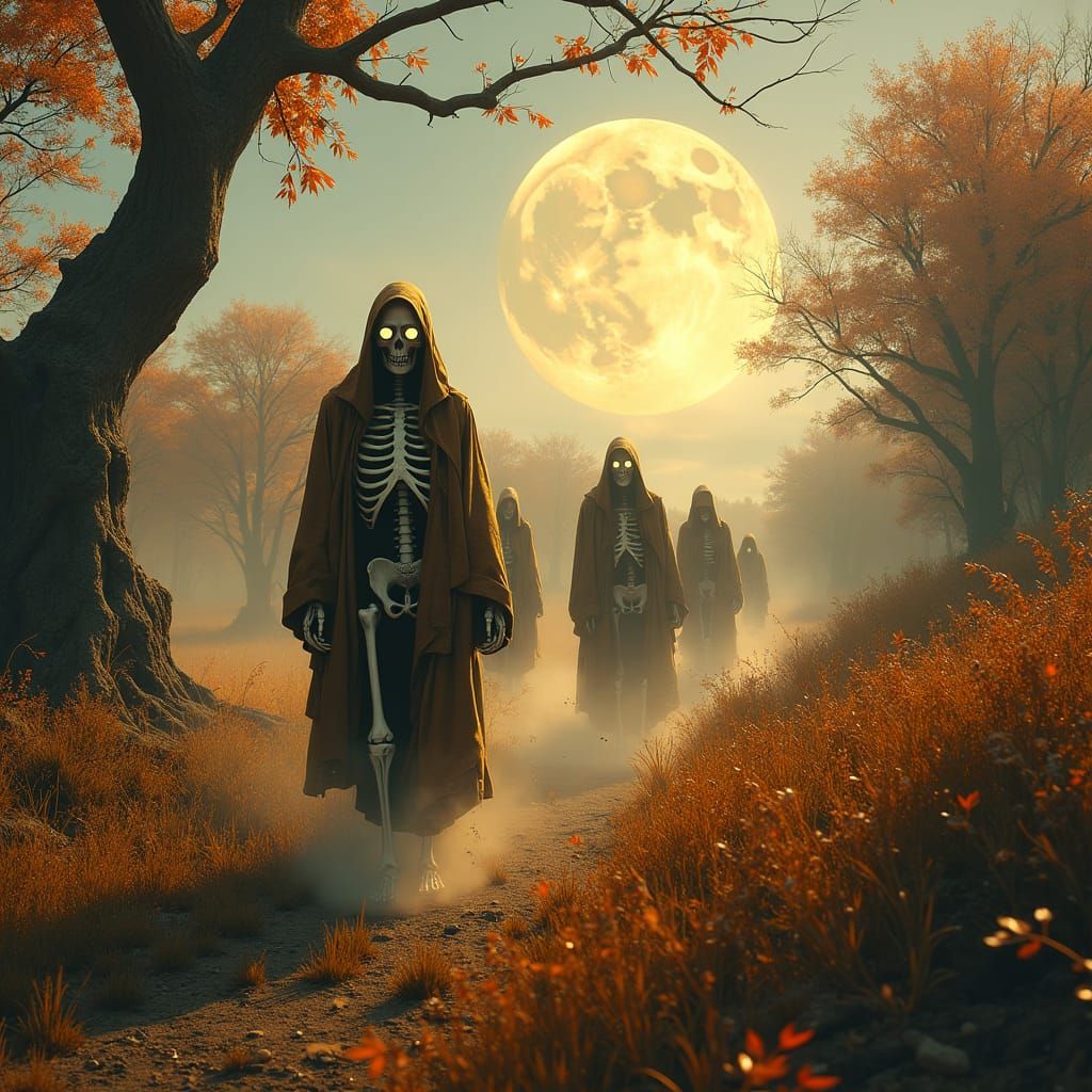 Ethereal Skeletons Rise in Autumn Field