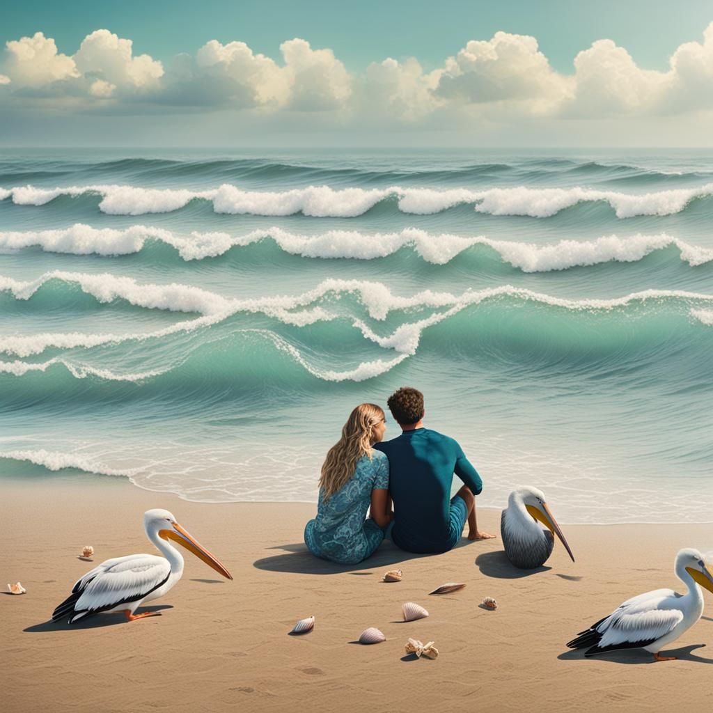 Ocean Beach Scene with Surfers and Wildlife