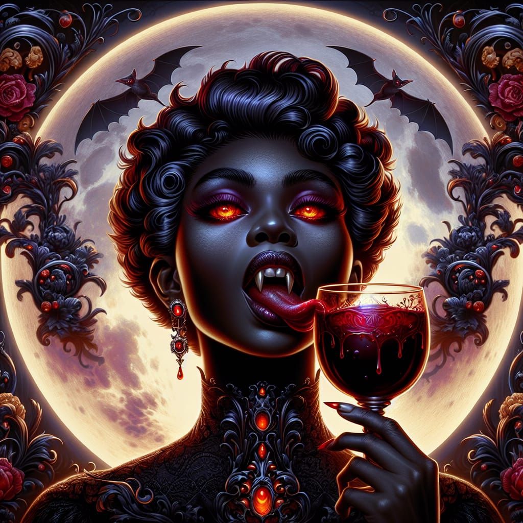 Vampire Woman with Ruby Eyes Under Full Moon