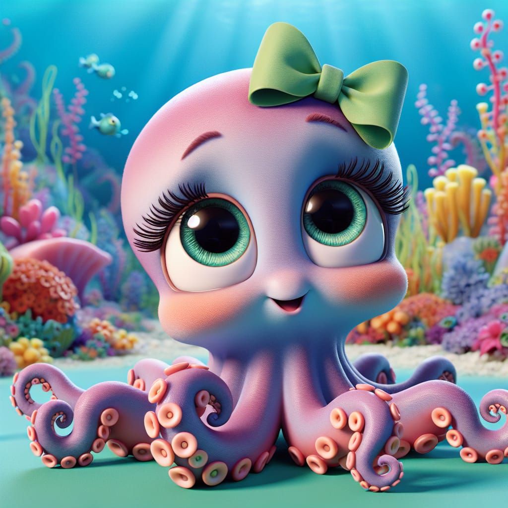 Disney Pixar style 3D adorable cute octopus, with big cute eyes, wearing coquette bows on each tentacle, in an underwate...