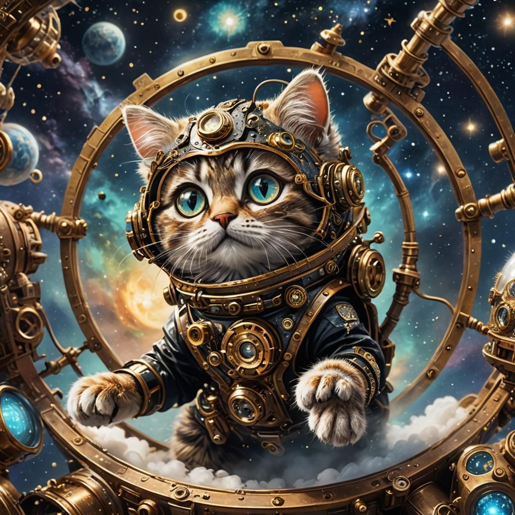 Steampunk Kitten Floating in Space with Clockwork Details
