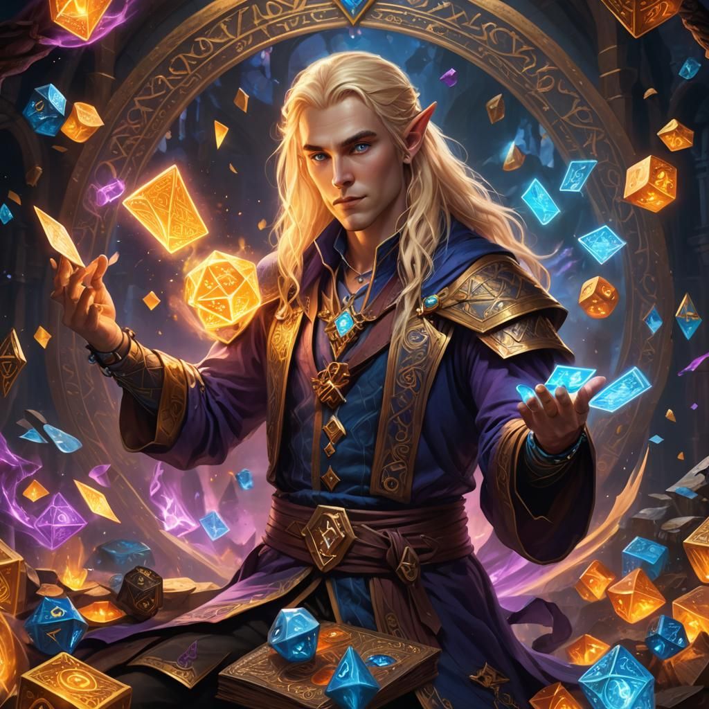 Half-Elf Wizard with Magical Runes, Fantasy Art