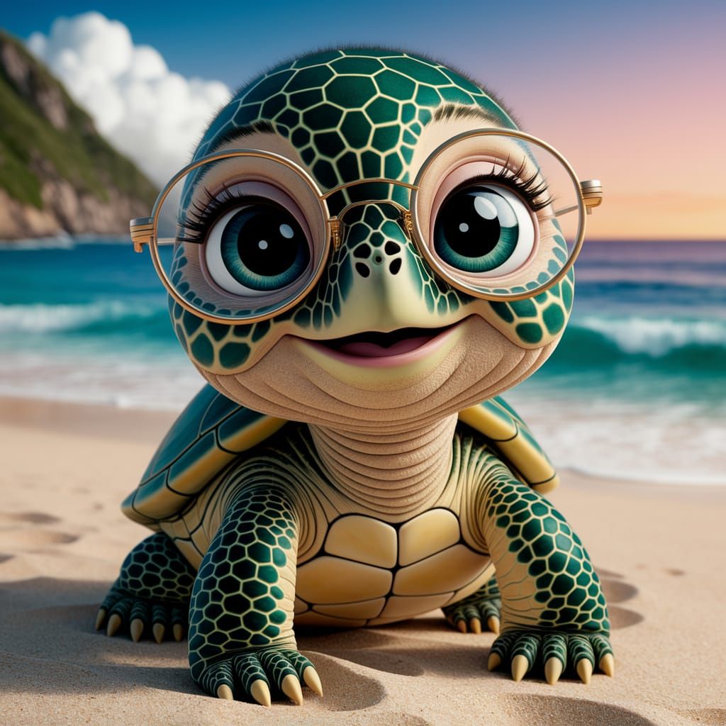 Adorable Baby Turtle with Glasses on Beach