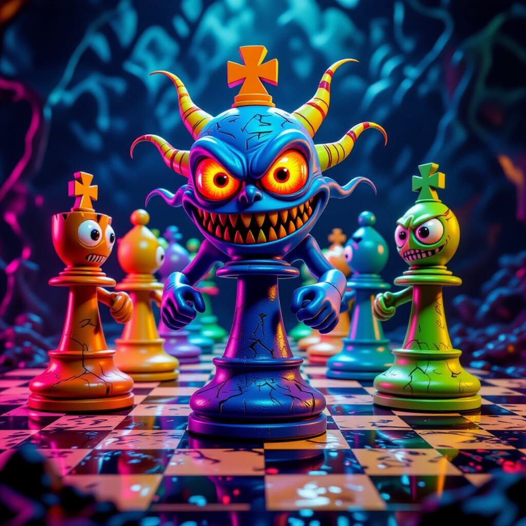 Psychedelic Gremlin Chess in Surreal 3D Render