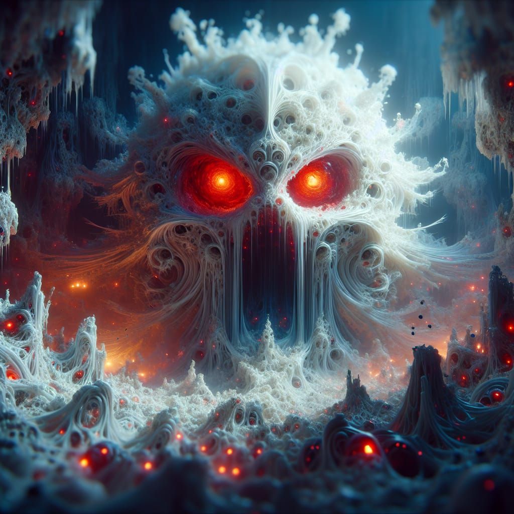 Frightening White Slime Creature with Red Eyes