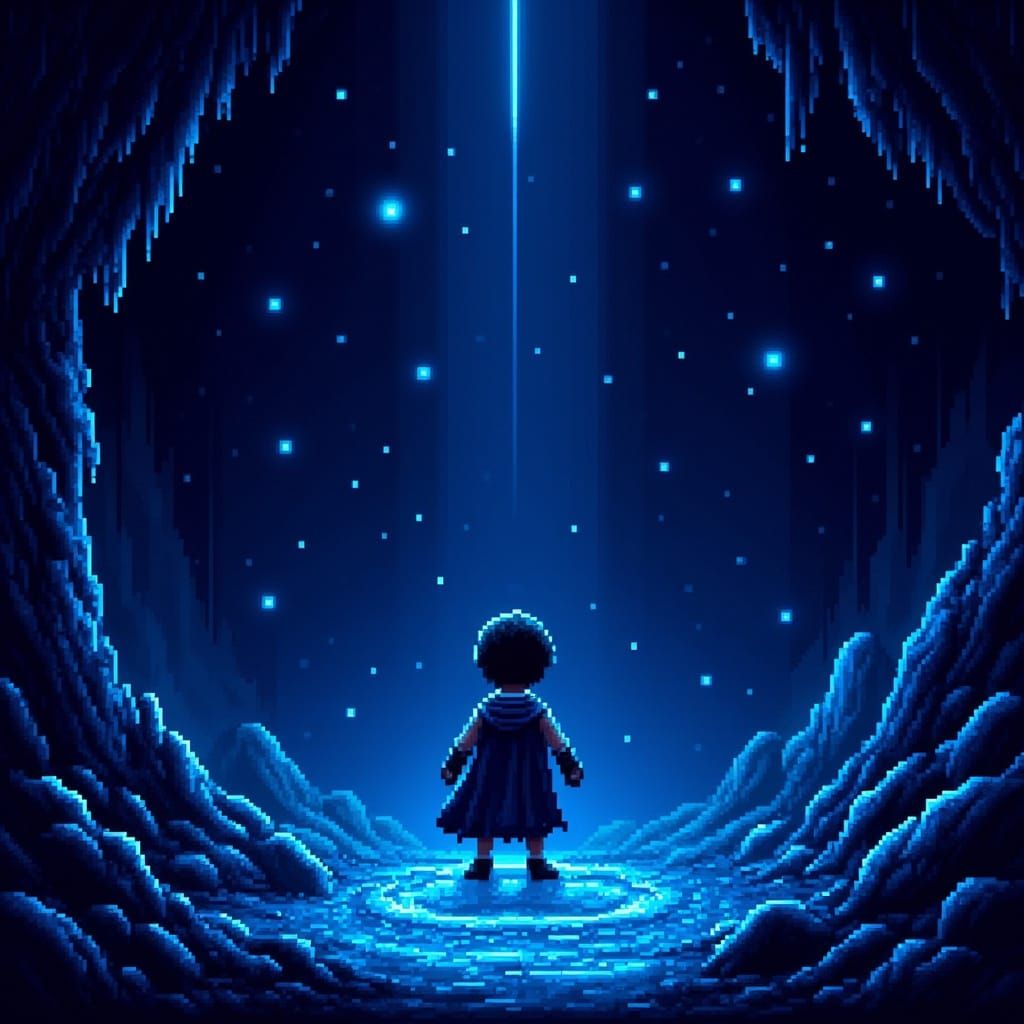 Mysterious Youth in a Dark, Atmospheric Cave - Pixel Art