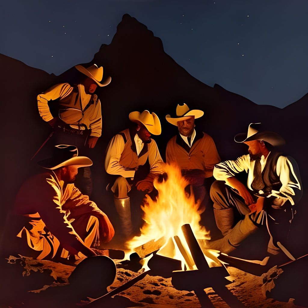 Cowboys Campfire at Night in Photorealistic Western Art