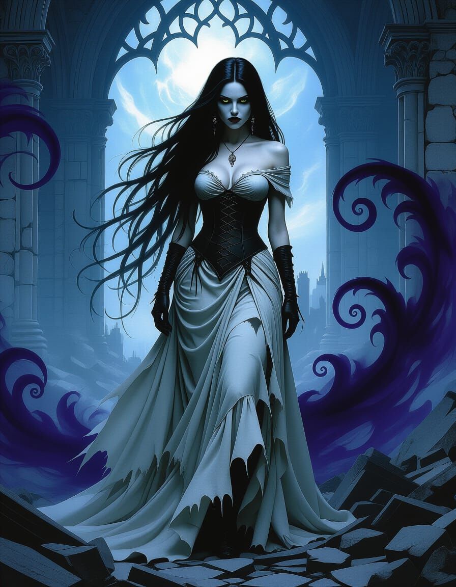 Dark Fantasy Woman in Ruined Palace