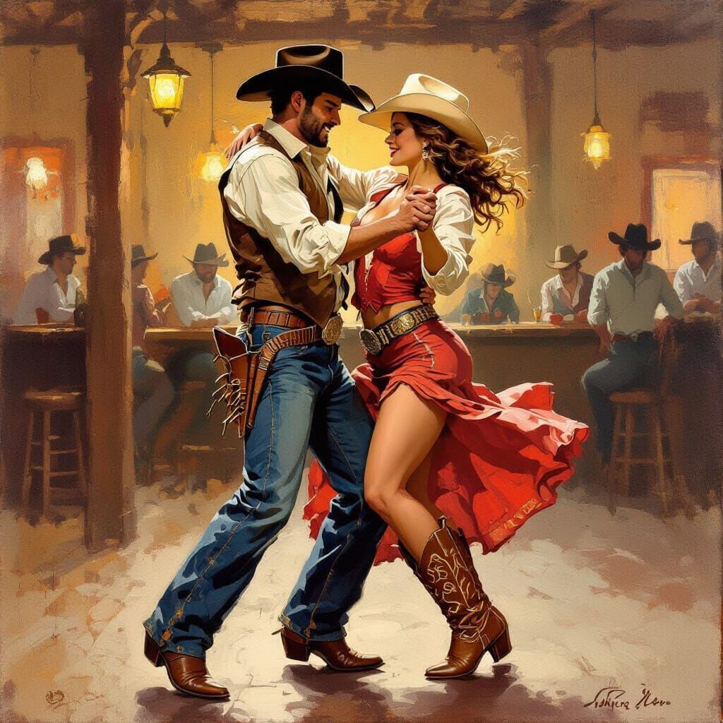 Western Swing Dance in Vintage Illustration Style
