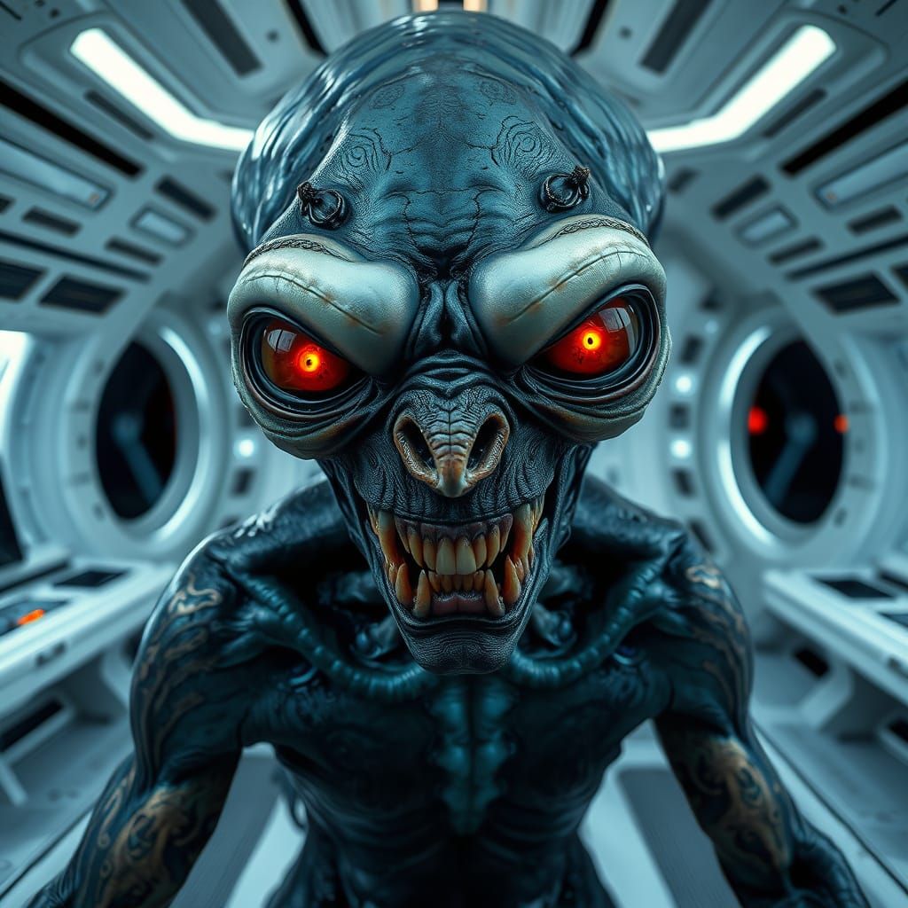 A grotesque, disfigured, twisted, vile, pustulant nightmarish alien creature who appears to be infected. The background ...