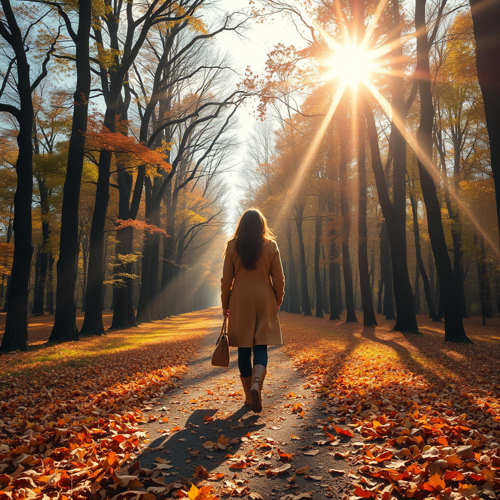 Woman Walking on Leafy Path in Romantic Landscape