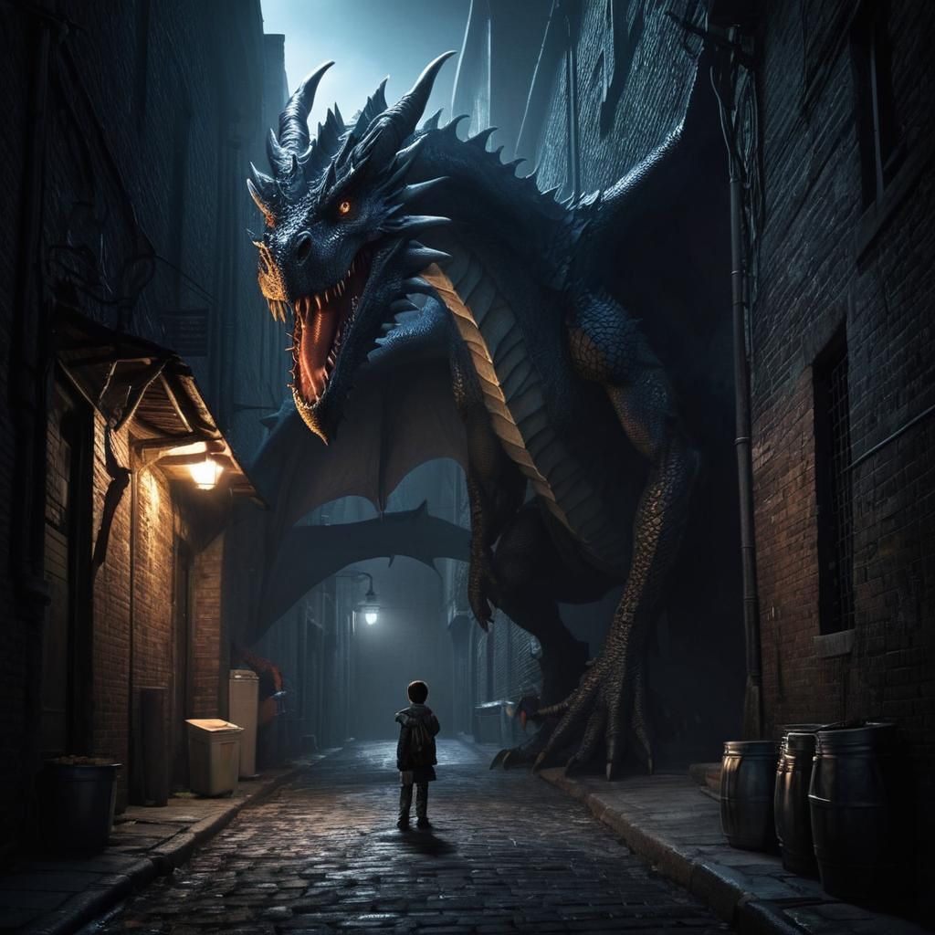 Giant Dragon Encounter in Dark Alley