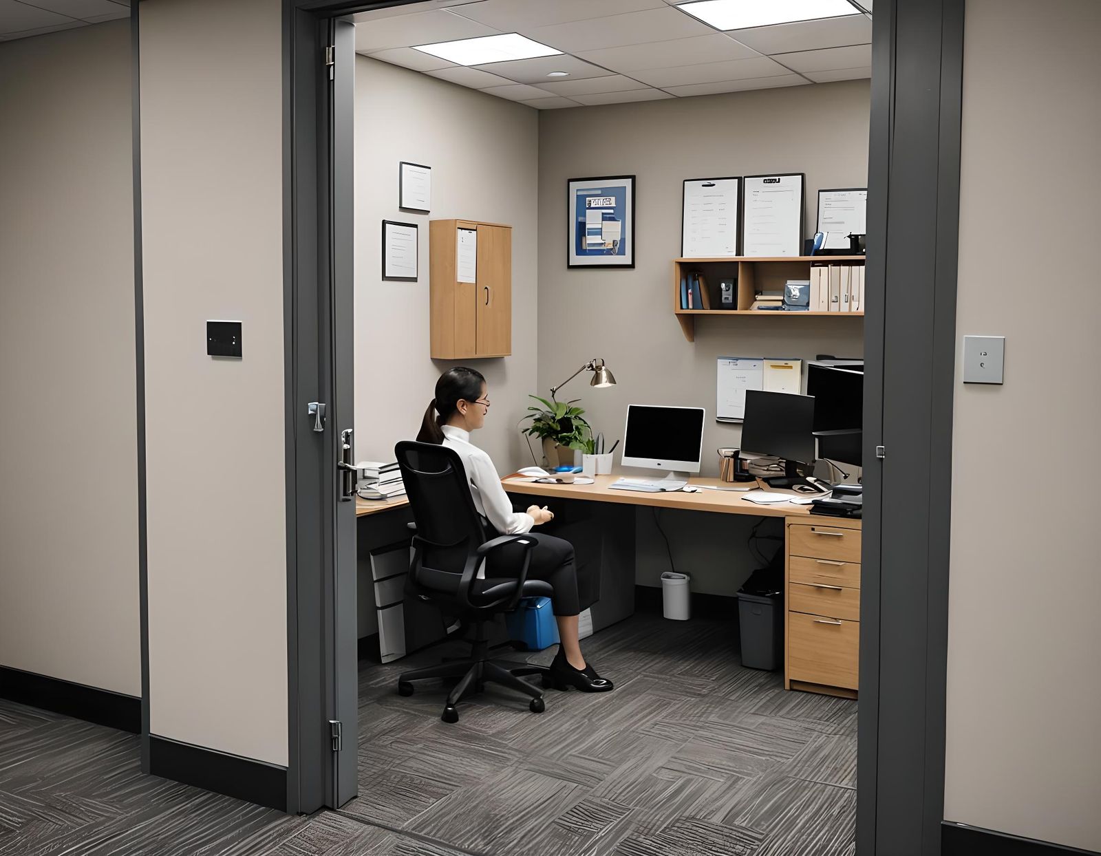 Office Assistant Working at Desk by Door