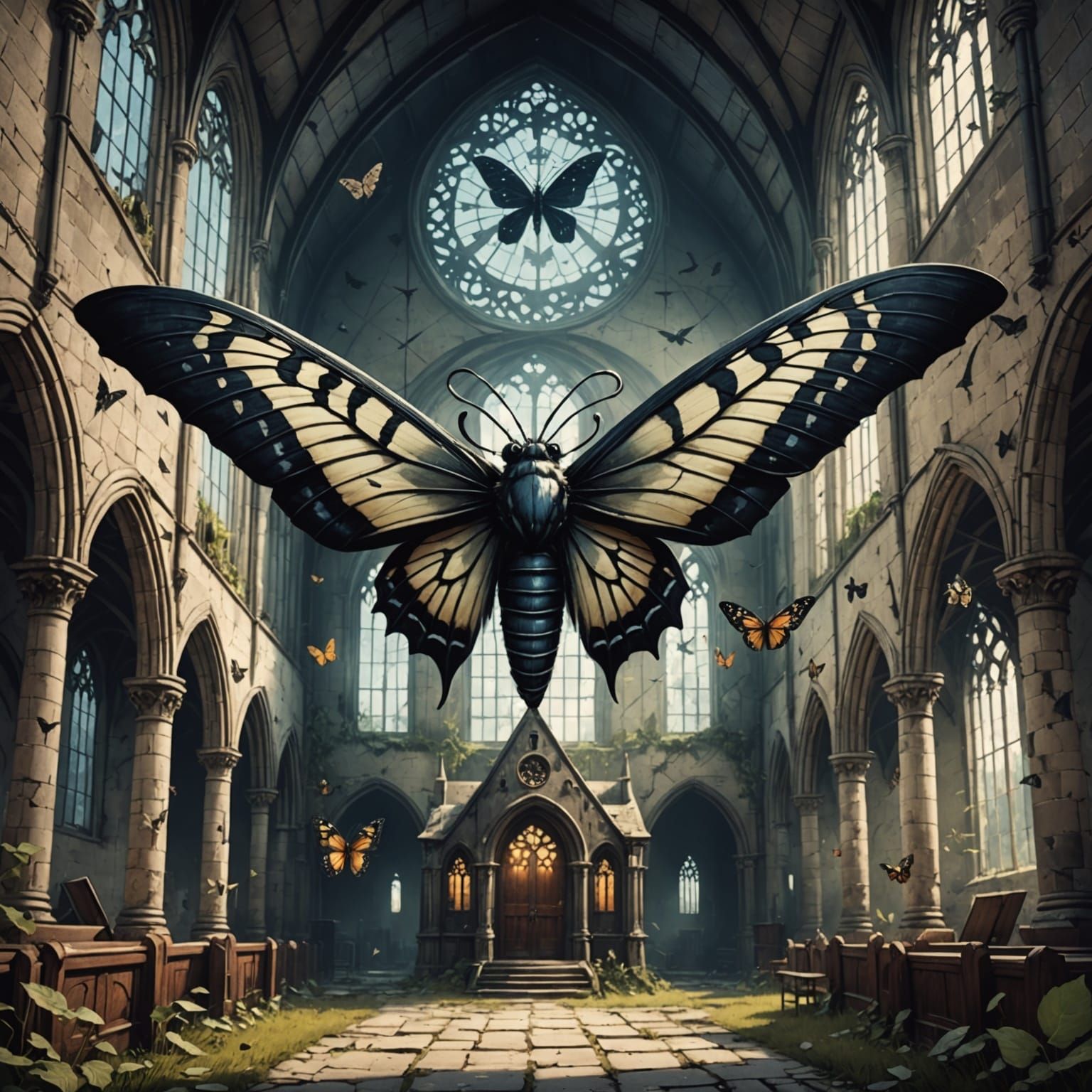 Moths and Butterflies in Gothic Cartoon Style