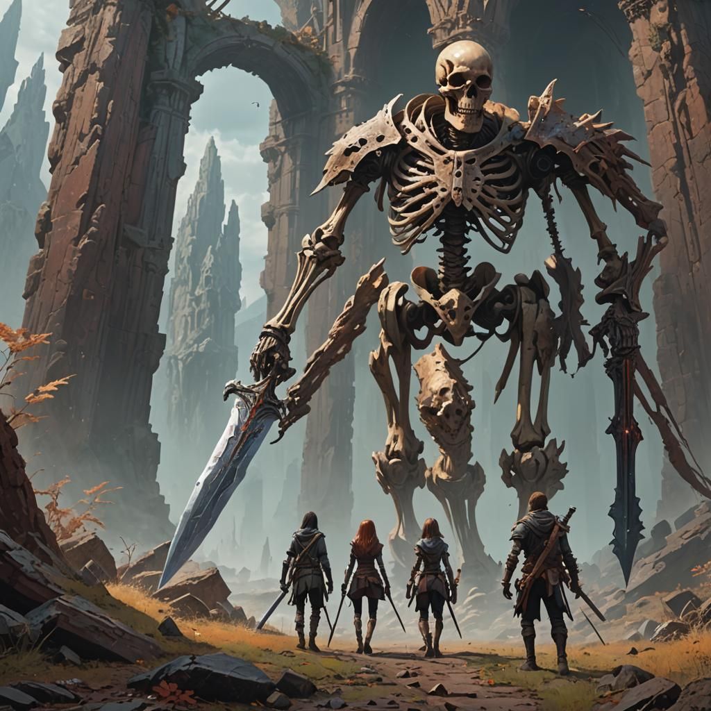 Adventurers Discover Giant Sword in Fantasy Landscape