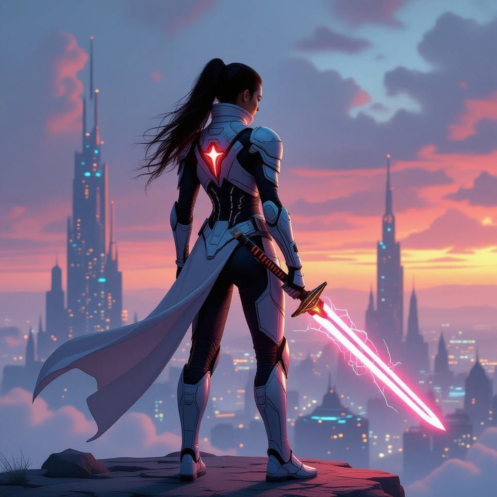 Futuristic Warrior Princess Over Alien Metropolis