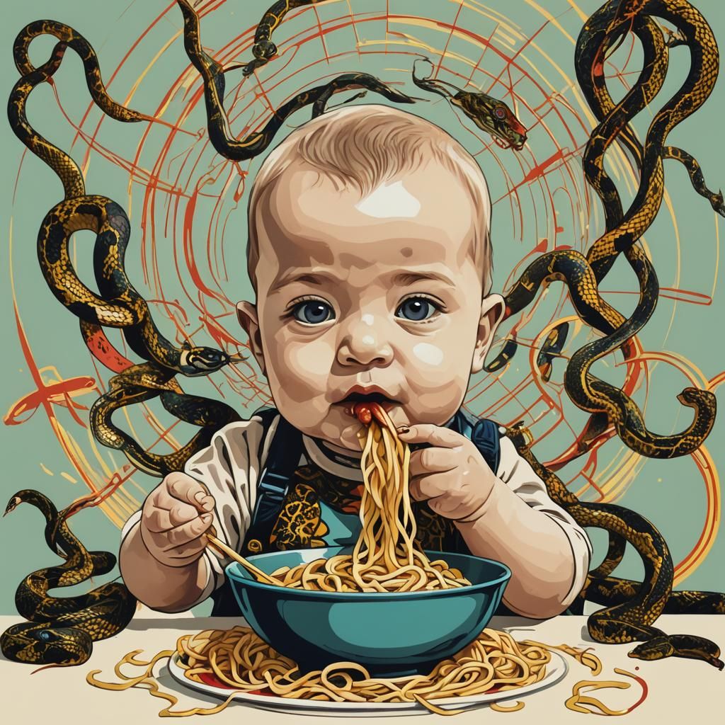 Snake-Headed Baby Eating Noodles in Pop Art Style