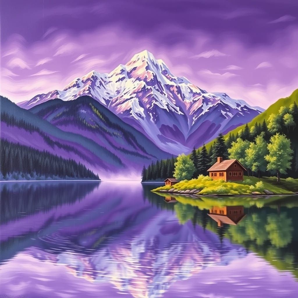 Ethereal Purple Mountainscape with Quaint Cabin