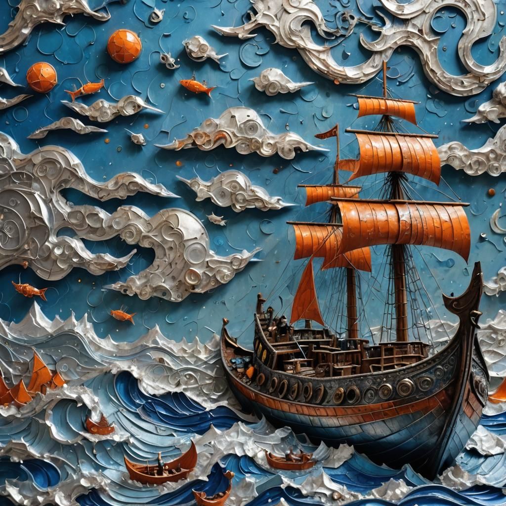 Surreal Viking Ship Assemblage Art from Recycled Materials