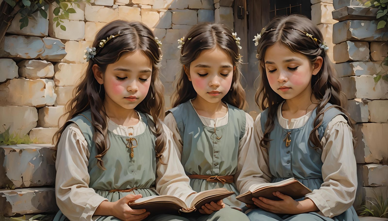 Girls Praying: Dreamy Oil Painting of Innocence