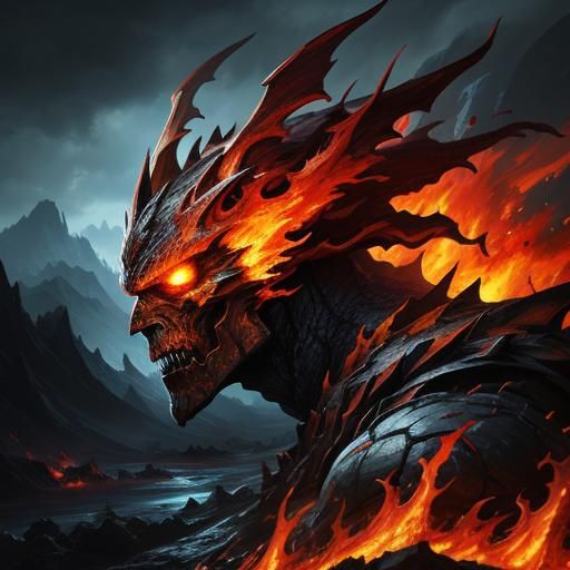 Fire Elemental in Hellish Landscape, Hyperrealistic Art