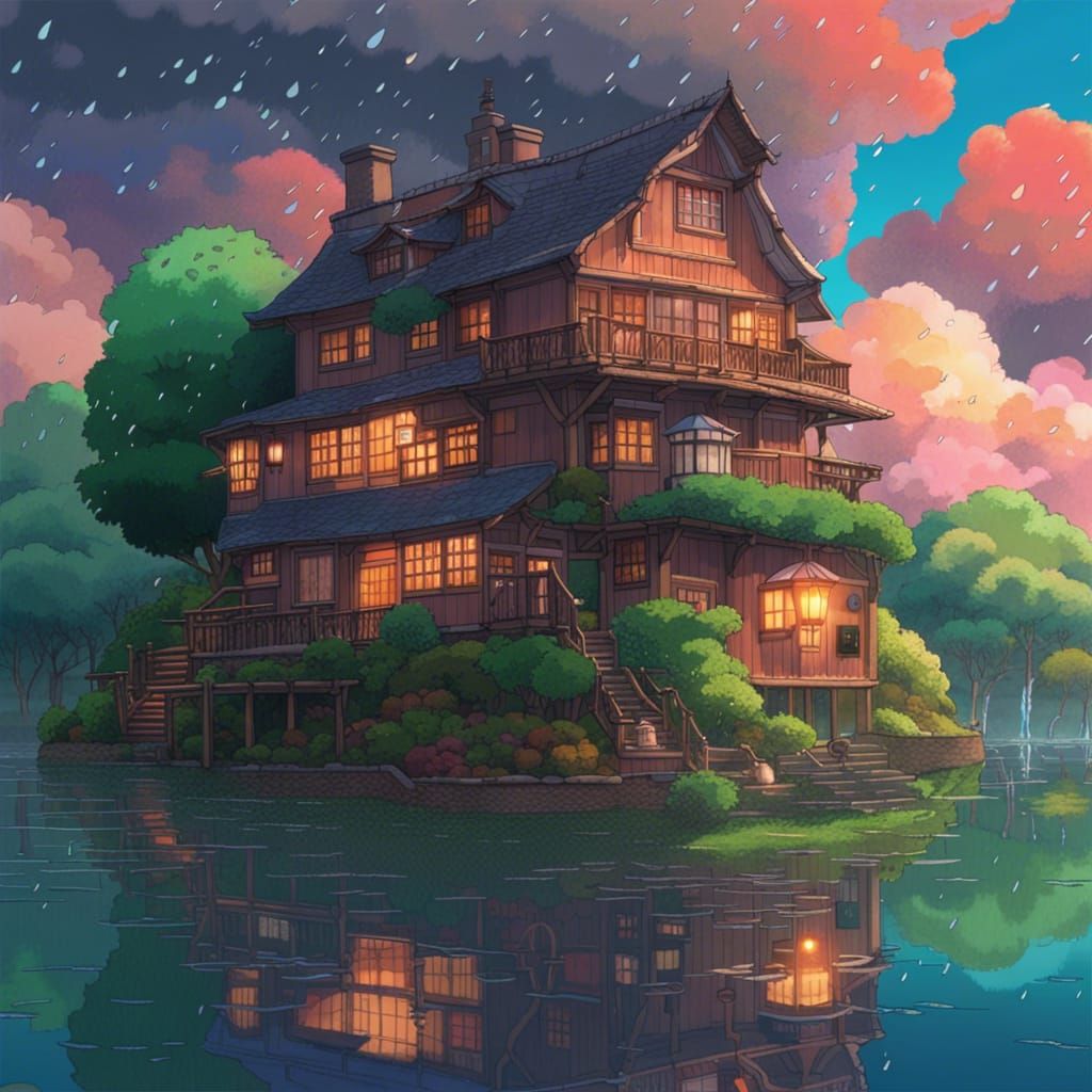 Ghibli-Style House in Rainy Forest Landscape