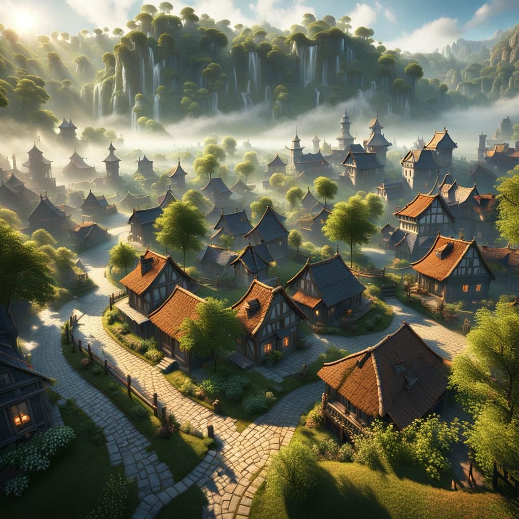 Village Emerges from Morning Mist: Fantasy Concept Art