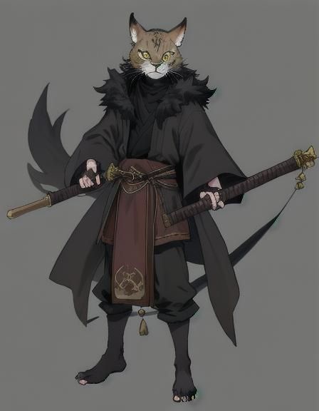Athletic Black Fur Tabaxi Monk in Dark Robes
