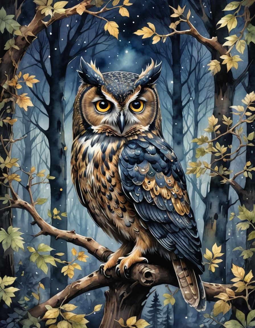 Whimsical Owl in Magical Midnight Forest