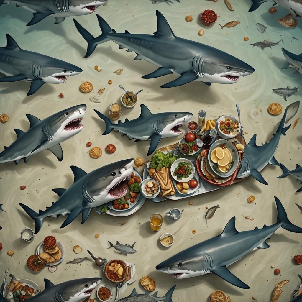 Sharks at Dinner: An AI Generated Image