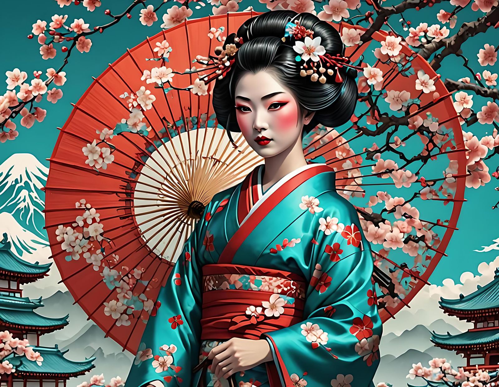 Geisha in Kimono with Cherry Blossoms: Digital Art