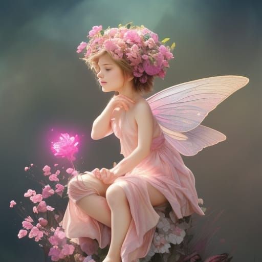 Tiny Fairy in Pink Flower, Detailed Portrait
