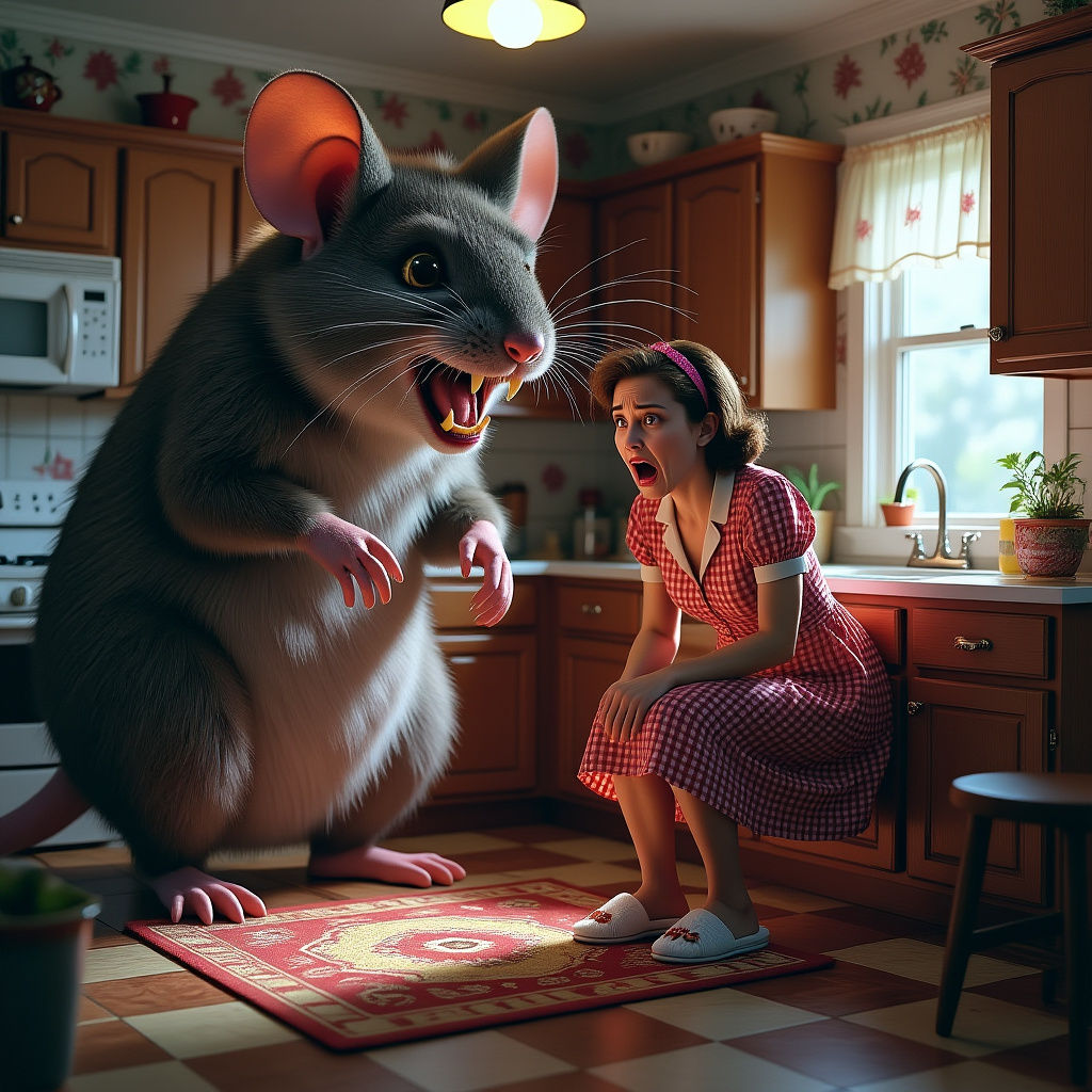 Giant Mouse Terrifies Housewife in Mid-Century Kitchen