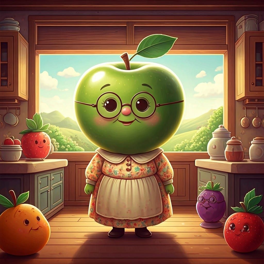 Whimsical Chibi Apple Granny in Anime Style