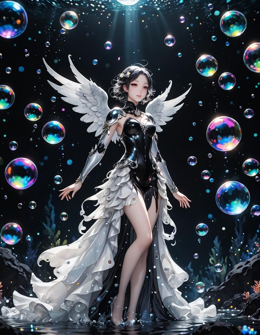 Angelic Iridescent Bubbles in Black and White Watercolour