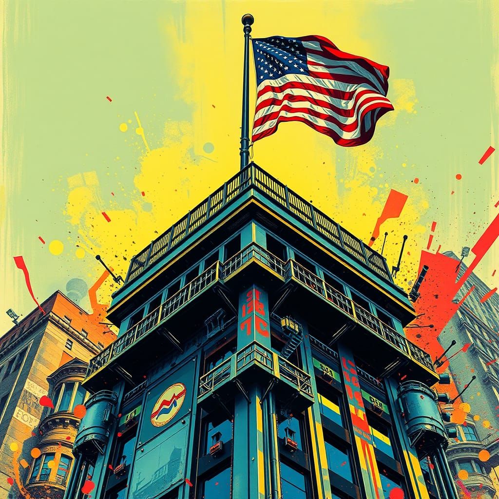 Futuristic American Flag Waving Above Metallic Building in M...