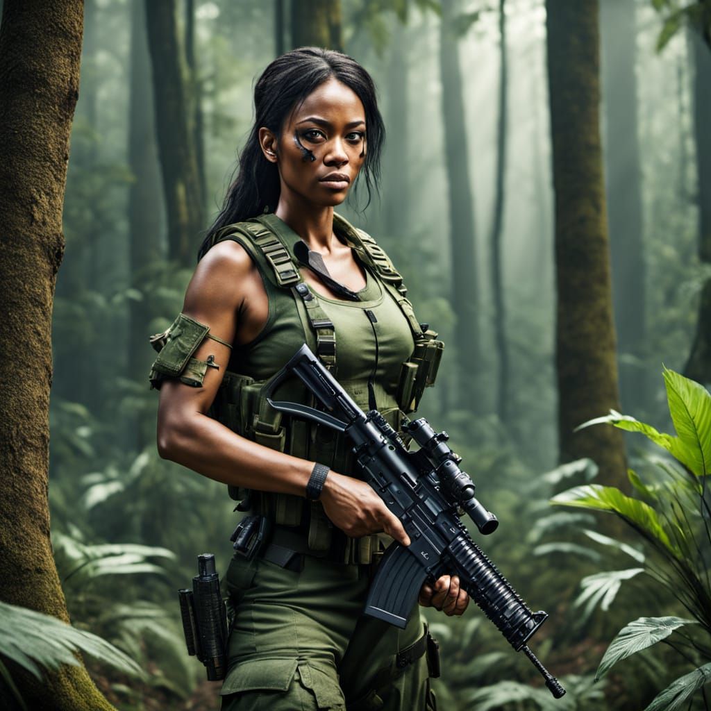 Female Soldier on Patrol in Dark Forest