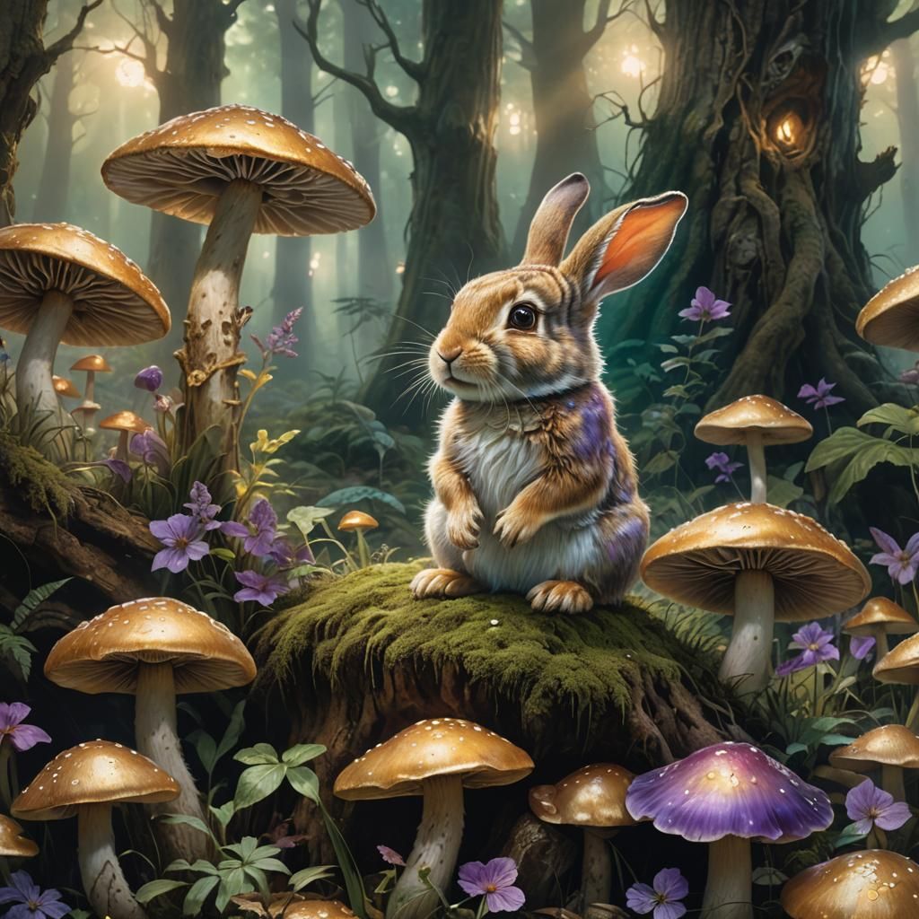 Mystical Rabbit on Mushroom, Fantasy Concept Art