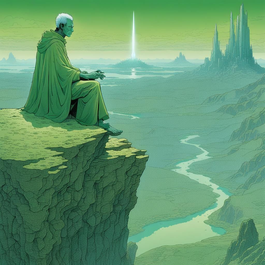 Alien Sorcerer in Swamp Landscape, Ligne Claire Style