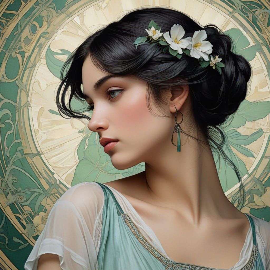 Art Nouveau Portrait of Aphrodite with Cascading Hair