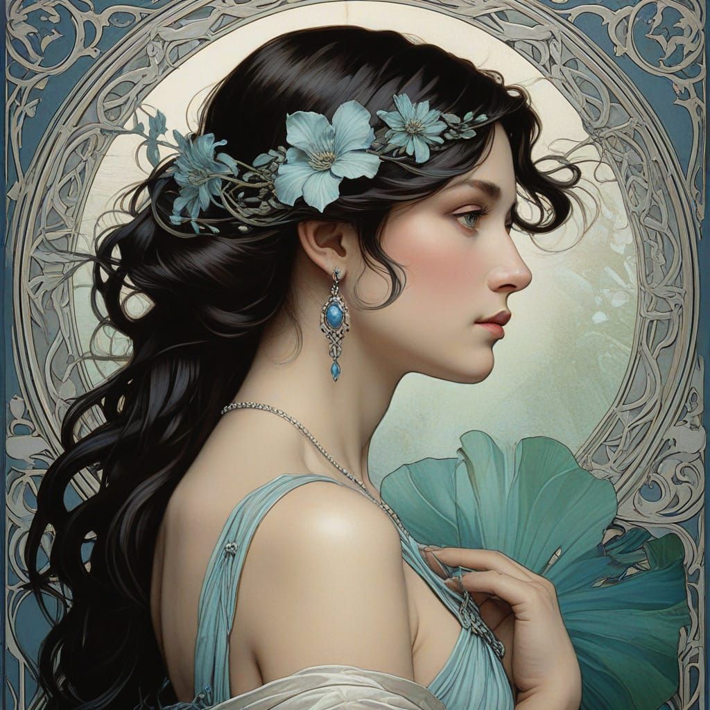 Art Nouveau Portrait of Aphrodite with Cascading Hair