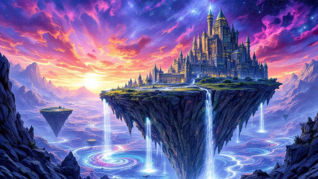 Majestic Floating Castle with Light Waterfalls